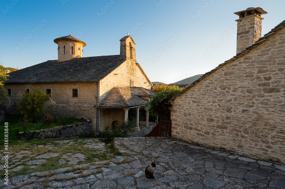 View of the historic Monastery of Evangelistria, dedicated to Virgin Mary at the traditional village of Ano Pedina in Epirus, Greece