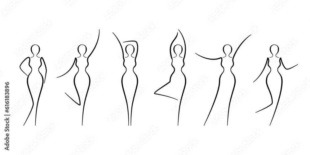 Woman body sketch, line art icons set. Various female pose outline silhouettes, model, figure. Abstract sign of girl for wellness center, sport, dance, beauty salon, spa. Vector illustration