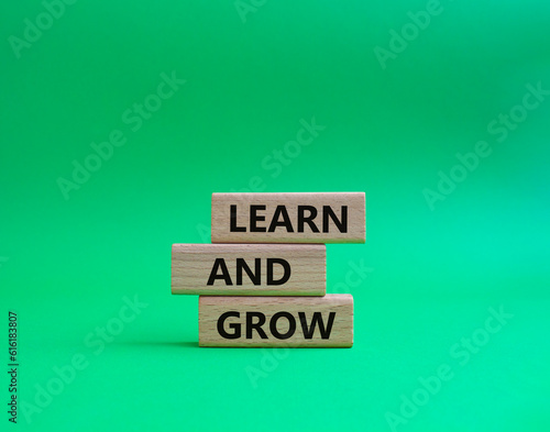Learn and grow symbol. Concept words Learn and grow on wooden blocks. Beautiful green background. Business and Learn and grow concept. Copy space.