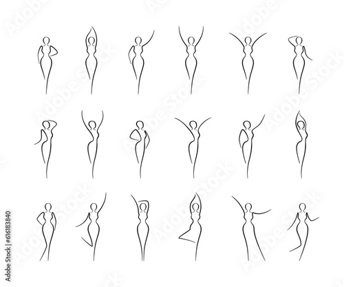Woman body sketch  line art icons set. Various female pose outline silhouettes  model  figure. Abstract sign of girl for wellness center  sport  dance  beauty salon  spa. Vector illustration