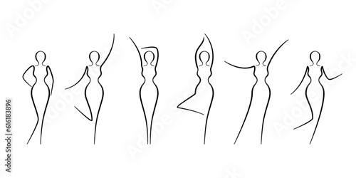 Woman body sketch, line art icons set. Various female pose outline silhouettes, model, figure. Abstract sign of girl for wellness center, sport, dance, beauty salon, spa. Vector illustration