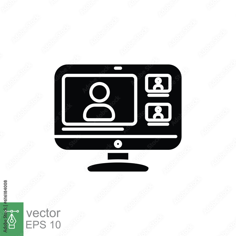 Virtual meeting icon. Simple solid style. Webcast, remote office, video conference, technology contact. Black silhouette, glyph symbol. Vector illustration isolated on white background. EPS 10. Virtual meeting icon. Simple solid style. Webcast, remote office, video conference, technology contact. Black silhouette, glyph symbol. Vector illustration isolated on white background. EPS 10.