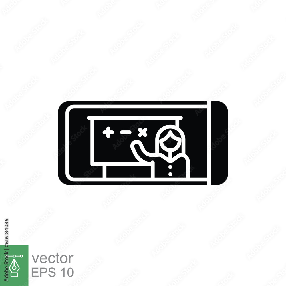 Mobile learning icon. Simple solid style. Woman teacher tutoring on phone screen, course, technology contact. Black silhouette, glyph symbol. Vector illustration isolated on white background. EPS 10. Mobile learning icon. Simple solid style. Woman teacher tutoring on phone screen, course, technology contact. Black silhouette, glyph symbol. Vector illustration isolated on white background. EPS 10.