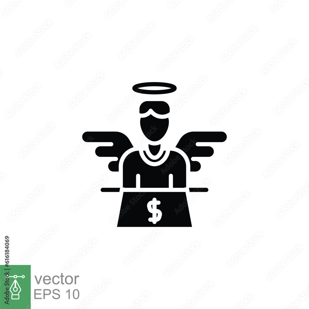Angel investor icon. Simple solid style. Business investment, man with wings with dollar sign contact. Black silhouette, glyph symbol. Vector illustration isolated on white background. EPS 10.