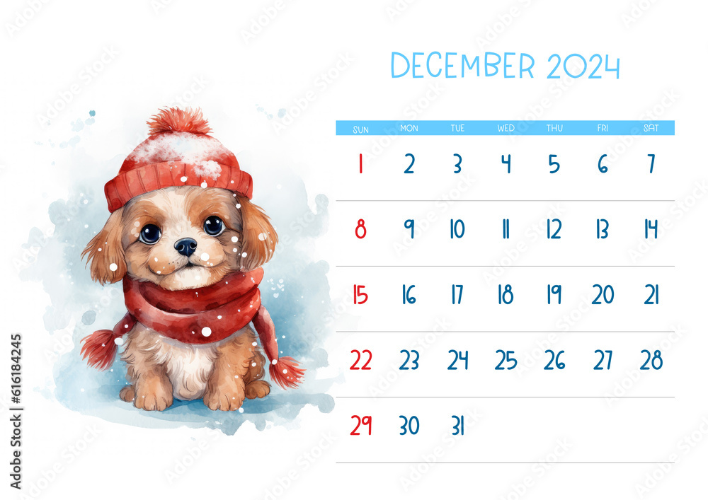 Watercolor Printable Calendar 2024 Calendar with Cute Puppy for Kids