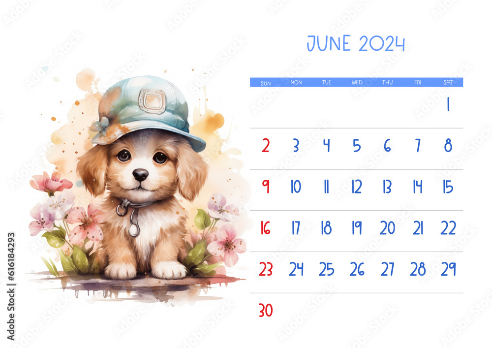 Watercolor Printable Calendar 2024. Calendar with Cute Puppy for Kids
