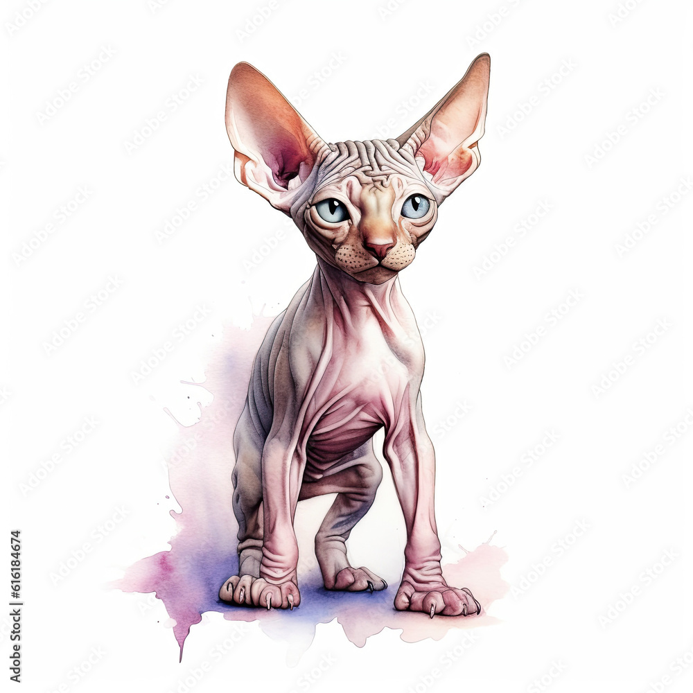 Beautiful hairless sphinx cat, isolated on white background. Digital watercolour illustration.