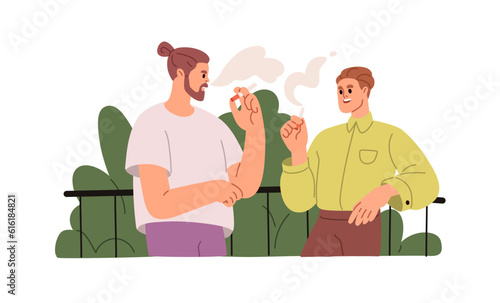 People smoking cigarettes, talking, speaking, standing at balcony during break. Men colleagues, employees friends smokers with bad habit. Flat vector illustration isolated on white background