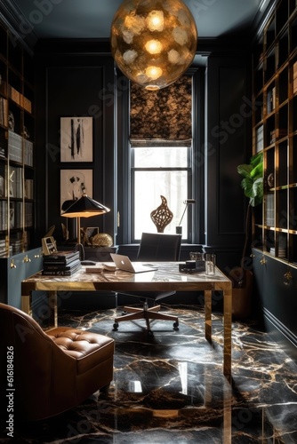 Generate an image of a luxurious home office, complete with a grand, modern desk made from a combination of precious materials such as marble, brass, and exotic wood. Generative AI