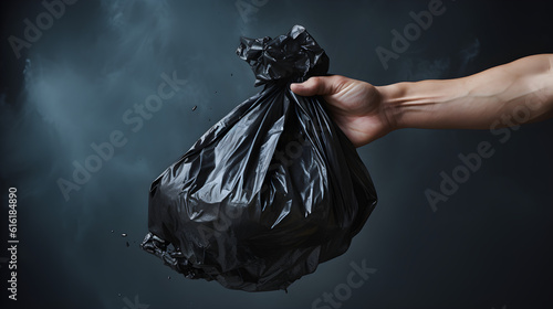 hand holding garbage black bag putting in to trash, --aspect 16:9