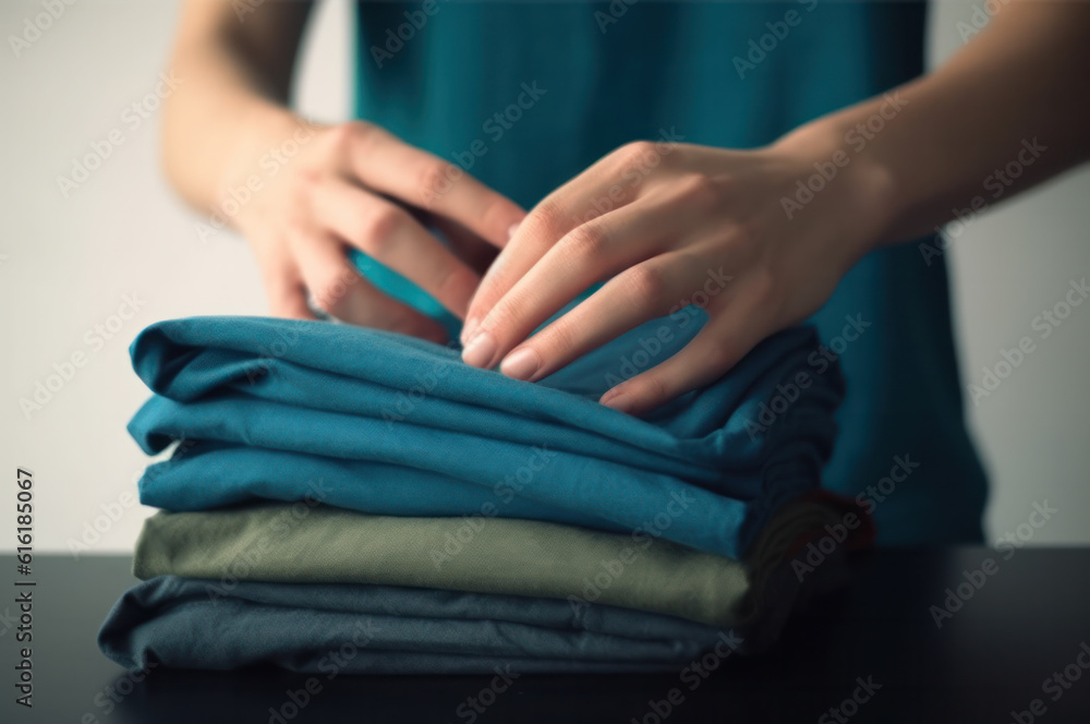 Young woman picks up a t-shirt from the stack. A stack of t-shirts of a different color on the black surface close-up. Minimalism concept.