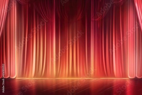 The stage curtain is red and lit from the side. (Illustration, Generative AI)