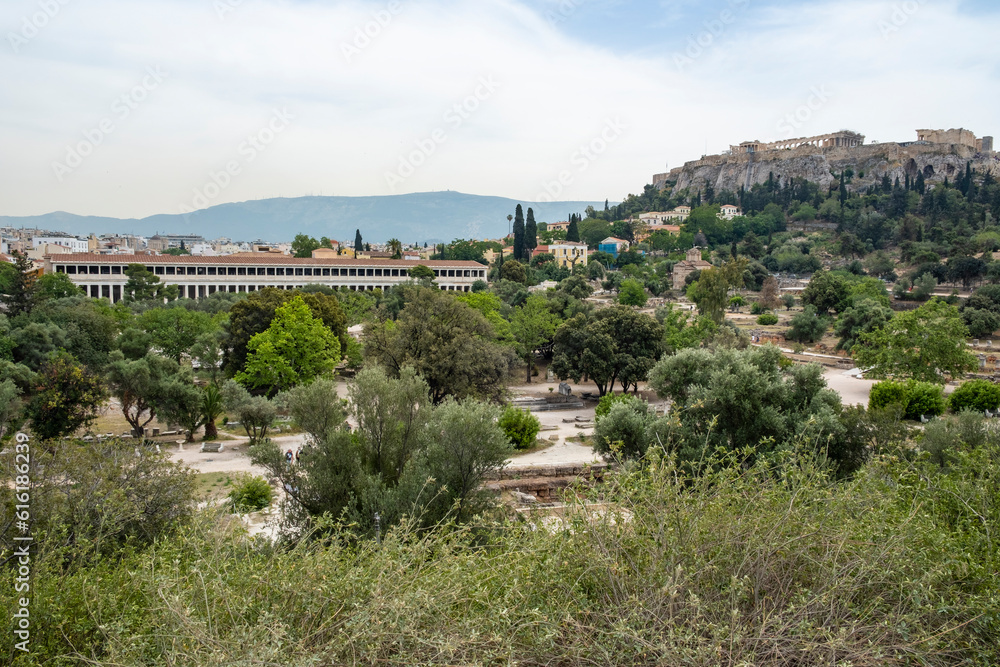 View of Museum of the Ancient Agora and the Acropolis of Athens Greece