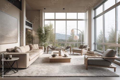 Modern Living Room with Clean Lines, Neutral Tones, and Ample Natural Light Created with Generative AI © dendyh7