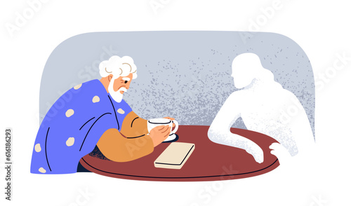 Old man widower in despair after wife death. Senior person, unhappy mourning husband missing love couple, left gone departed woman, spouse. Flat vector illustration isolated on white background