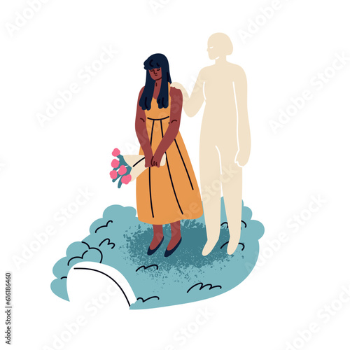 Sad daughter coming to mothers tomb, grave with flowers. Woman missing dead lost mom, departed parent at cemetery. Person mourning after loss. Flat vector illustration isolated on white background