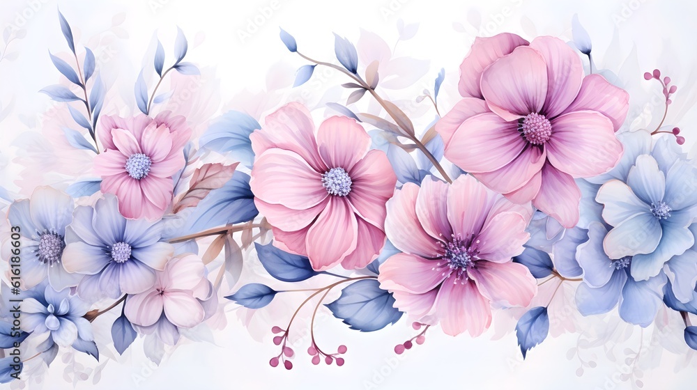 Beautiful pink and purple flowers watercolor painting style with white background. Best for card invitation, wide banner, header website, poster, and more graphics resources editing
