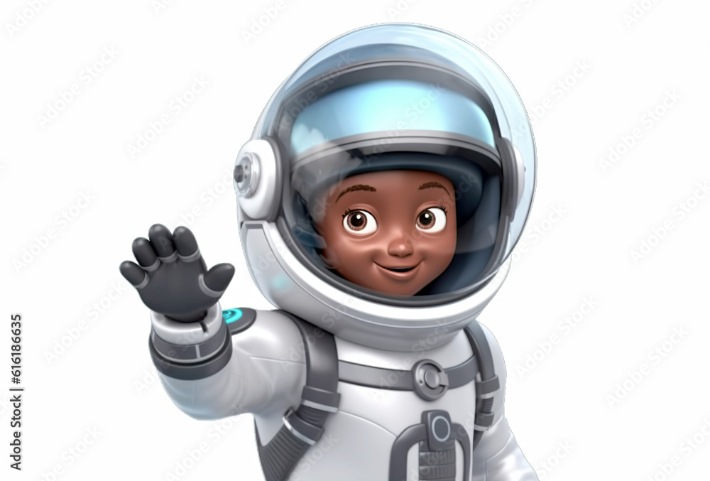 A smiling child in a space suit raises one hand in greeting. The suit is detailed with various buttons and a helmet with a reflective visor.AI generated. A smiling child in a space suit raises one hand in greeting. The suit is detailed with various buttons and a helmet with a reflective visor.AI generated.