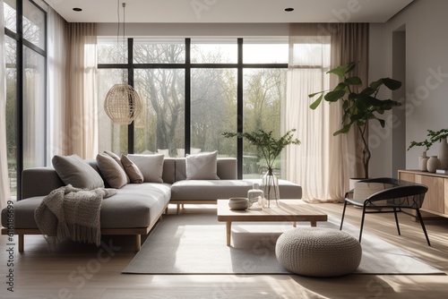 Modern Living Room with Clean Lines  Neutral Tones  and Ample Natural Light Created with Generative AI