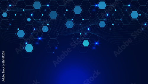 Modern scientific with hexagon shapes and glowing particles. Molecular structure, big data visualization, digital network connection, science and technology background.