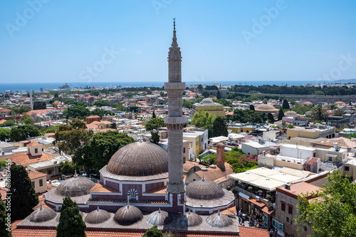 Suleymaniye Mosque or Mosque of Suleiman Seen From the Roloi Medieval Clock Tower in Old Town Rhodes Greece photo