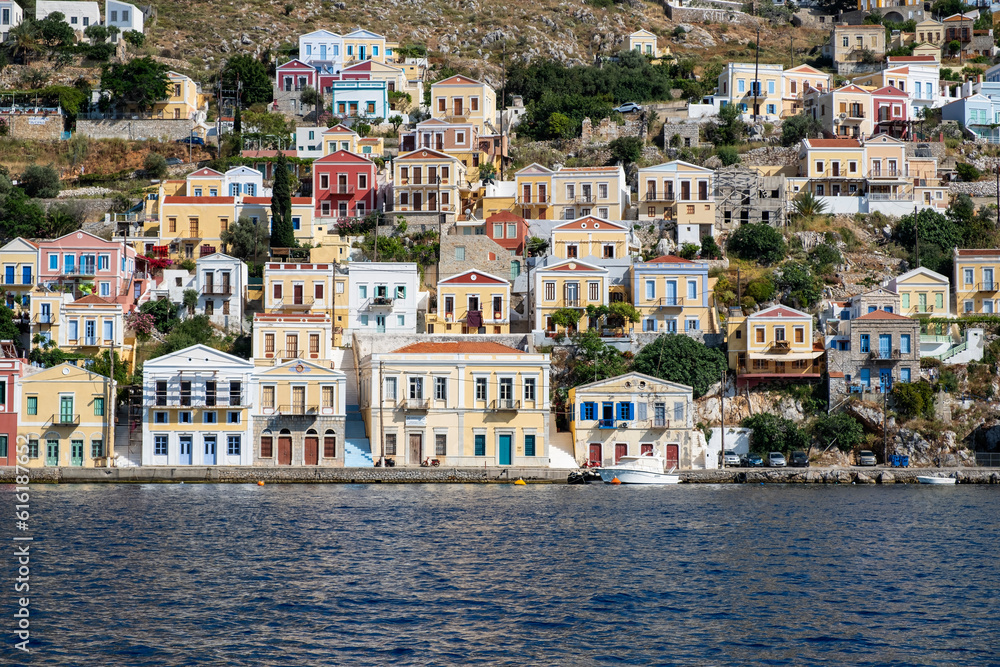 A Closeup View of Houses on the Port of Symi in the Late Afternoon