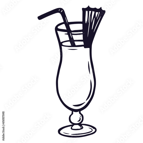 Pinacolada summer cocktail in a glass. Hand drawn vector sketch of summer refreshing drink 