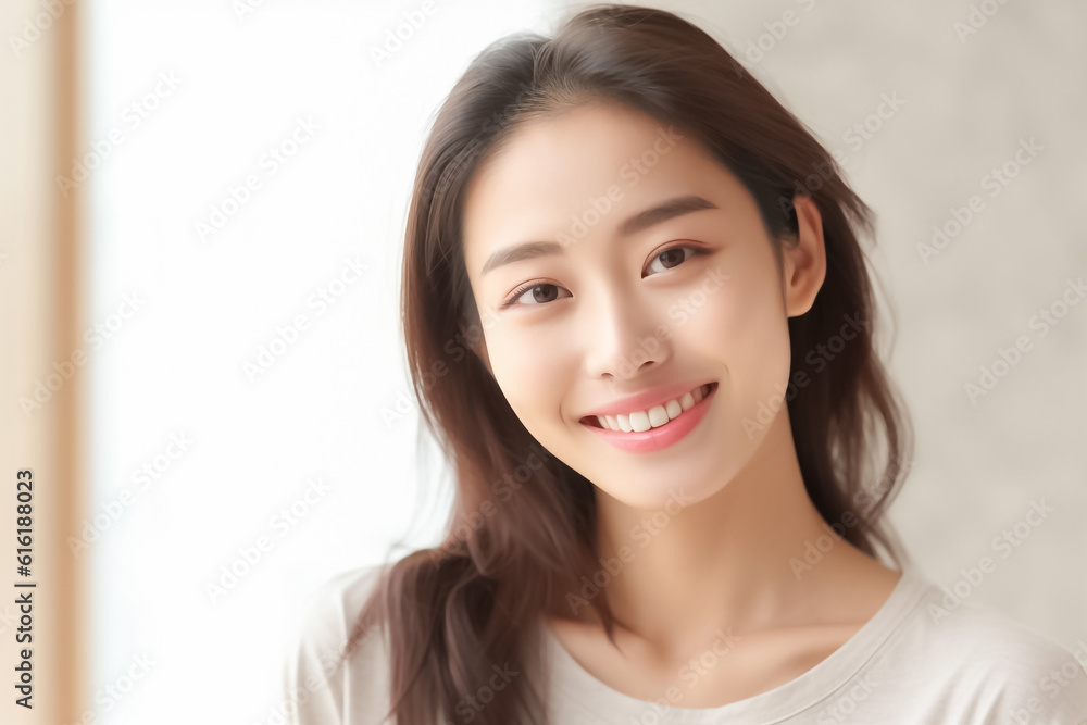 Beautiful Asian Woman, Close up on her face with Smooth skin look at the camera on a White background in Studio light. generative AI Beautiful Asian Woman, Close up on her face with Smooth skin look at the camera on a White background in Studio light. generative AI