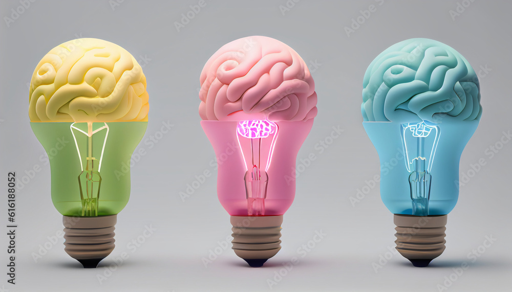 Three lightbulbs containing brains, intelligence, ideas, innovation, and critical thinking, pastel colors Ai generated image Three lightbulbs containing brains, intelligence, ideas, innovation, and critical thinking, pastel colors Ai generated image
