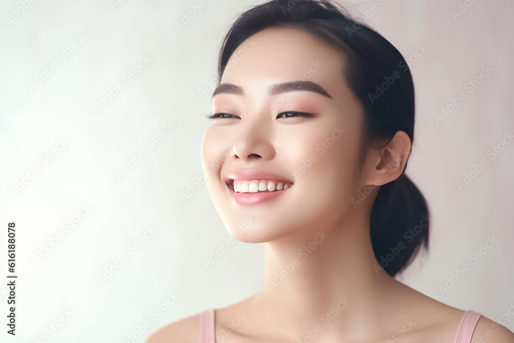 Beautiful Asian Woman, Close up on her face with Smooth skin look at the camera on a White background in Studio light. generative AI Beautiful Asian Woman, Close up on her face with Smooth skin look at the camera on a White background in Studio light. generative AI