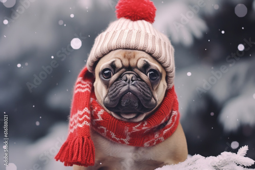 cute dog in a hat and scarf on a winter background. ai generative © Oleksandr