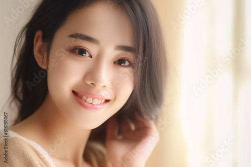 Beautiful Asian Woman  Close up on her face with Smooth skin look at the camera on a White background in Studio light. generative AI