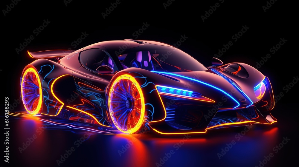 Neon glowing sport car on a night road. Generative AI. Illustration for banner, poster, cover or presentation. Neon glowing sport car on a night road. Generative AI. Illustration for banner, poster, cover or presentation.