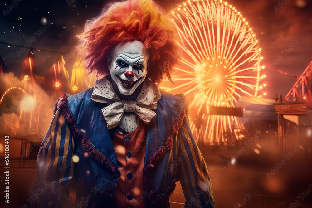 Fototapeta premium scary circus clown with an evil smile. ai generative