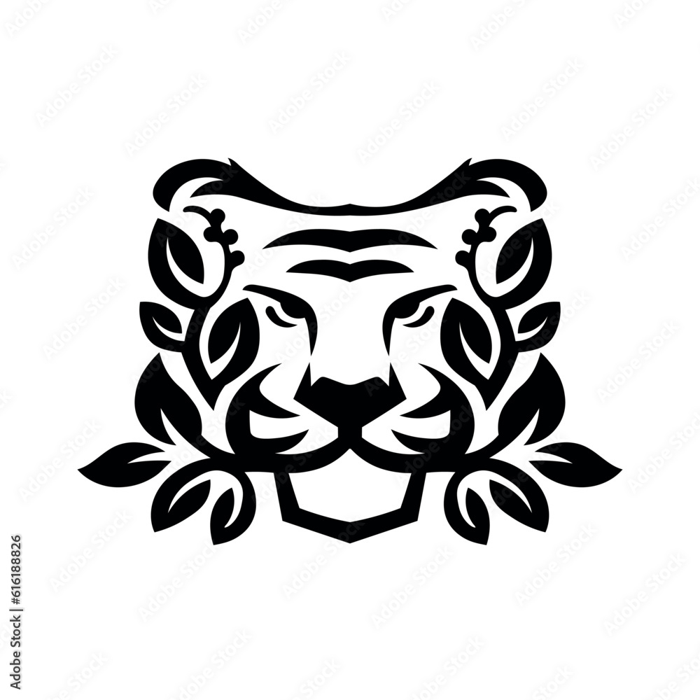 Tiger head mixed with plants isolated on white background, vector illustration. Tiger head mascot team logo Tiger head mixed with plants isolated on white background, vector illustration. Tiger head mascot team logo