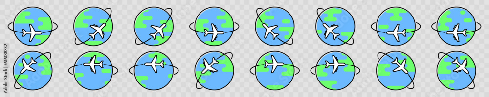 Airplane travel around the world. Flight of plane aound the Earth. Vector set flat icons Airplane travel around the world. Flight of plane aound the Earth. Vector set flat icons