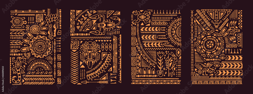 Ethnic Aztec cards, backgrounds set. Ancient Mexican tribal symbols, elements, lines, abstract patterns, navajo ornaments. Hand-drawn interior posters, wall art. Flat graphic vector illustrations