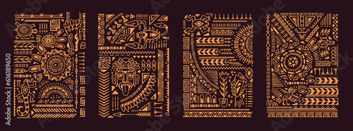 Ethnic Aztec cards, backgrounds set. Ancient Mexican tribal symbols, elements, lines, abstract patterns, navajo ornaments. Hand-drawn interior posters, wall art. Flat graphic vector illustrations