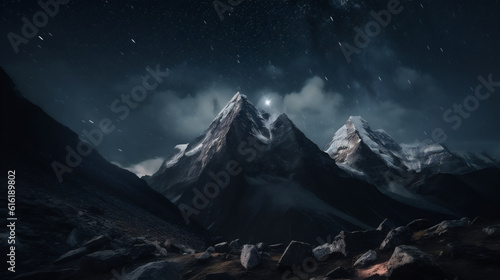 Snow covered mountains in winter night