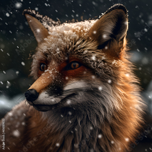 Close up of fox in the snow in winter forest 