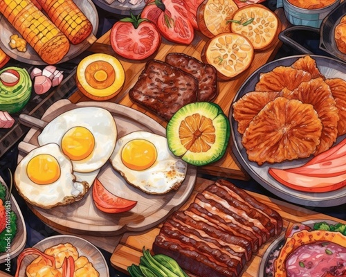 Various grilled foods in close-up photo. (Illustration, Generative AI)