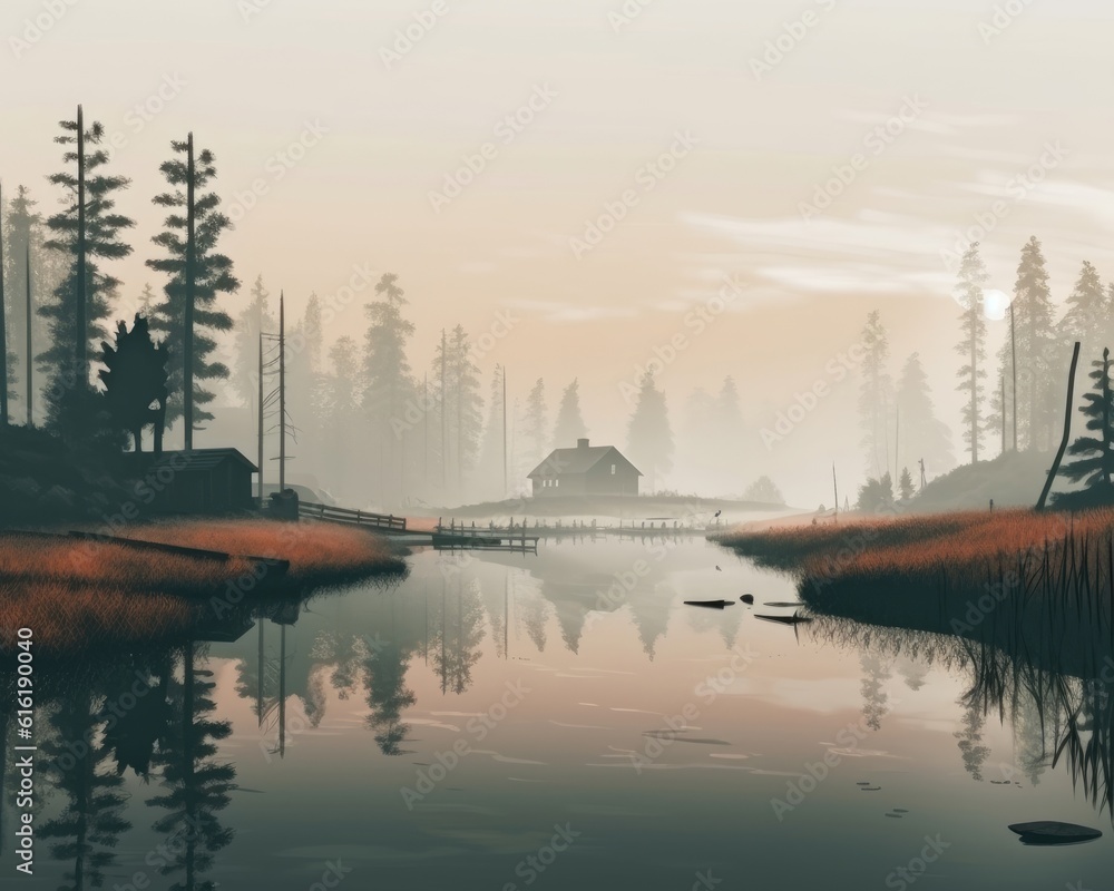 In the morning, a foggy lake landscape photo. (Illustration, Generative AI)