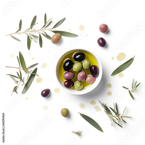 Delicious black, green and red olives with leaves in a bowl, isolated on white background, view from above. AI generated