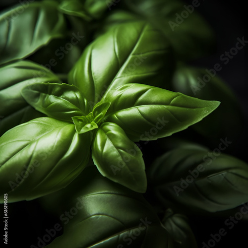 Fresh green basil on a dark background. Close up. Green basil on a dark background. Food background