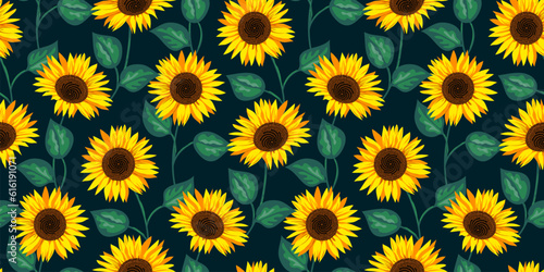 Abstract beautiful sunflower seamless pattern design on dark blue background. Decorative cute floral vector illustration