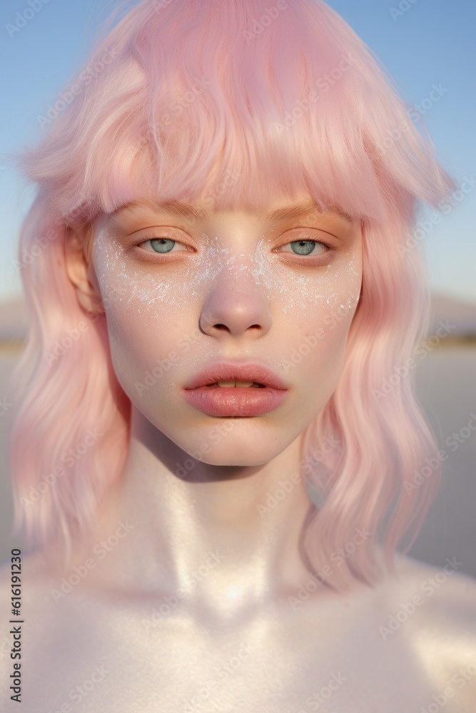 A pastel-haired woman with glitter on her face poses in the desert her striking eyelashes and lip color complement her hairpiece and doll-like skin