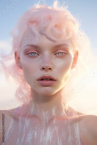 A girl with pastel pink hair and glitter on her face stares into the camera, her skin glowing in the desert sun her eyelashes flutter in the outdoor breeze, creating a stunning portrait that feels ot