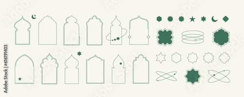 Islamic window frames with modern star and moon boho elements illustrations collection. Arabian architecture geometric arch door shapes silhouettes set. Ramadan kareem mosque gates icons Isolated