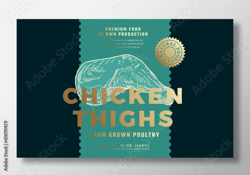 Farm Grown Chicken Abstract Vector Packaging Label Design Template. Modern Typography Banner, Hand Drawn Thigh Meat Sketch Silhouette. Color Paper Background Layout with Gold Foil Isolated