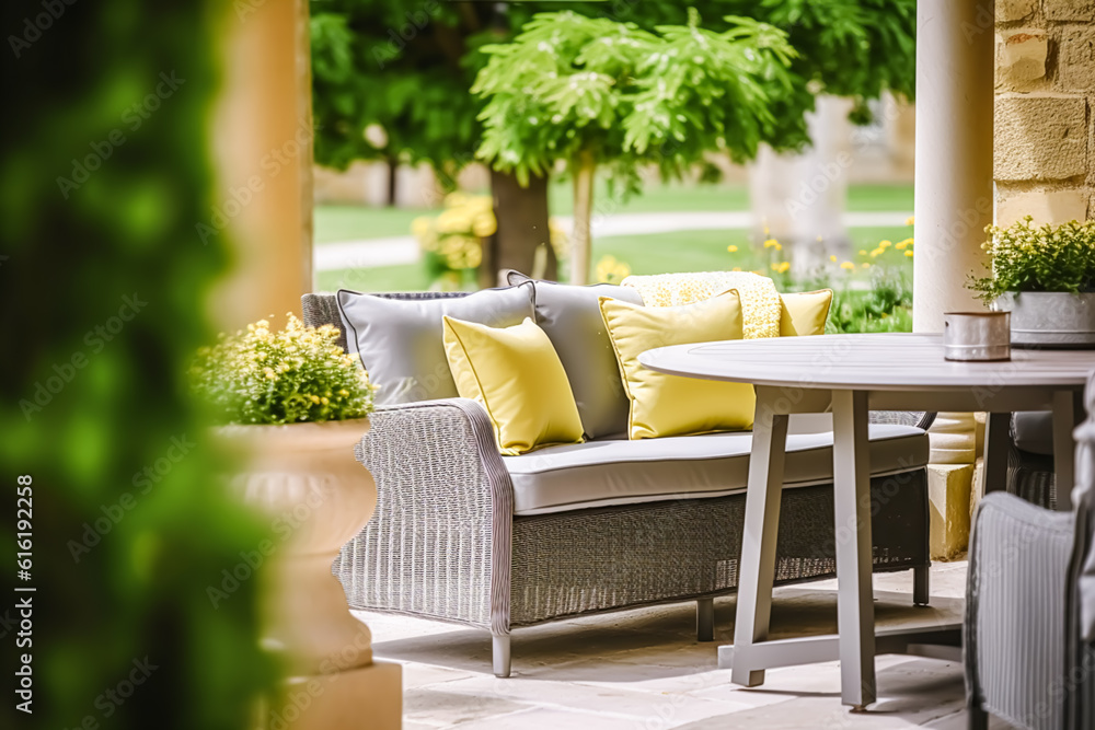 Fototapeta premium Garden furniture in the countryside in summer, home decor and interior design, generative ai